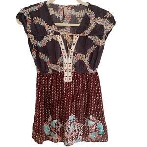 Free People Multicolor Print Boho V Neck Tunic Top Small